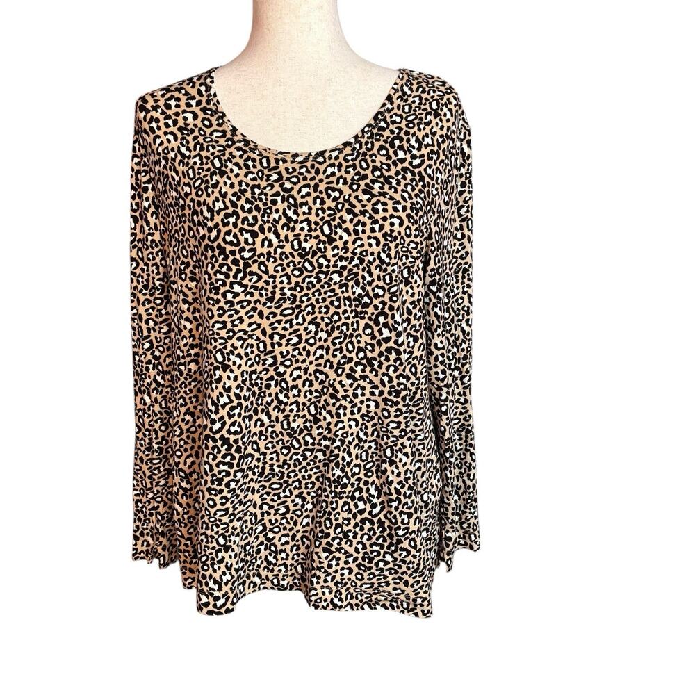 CHICOS Womens TOP 3/4 Sleeve Tan Black Brown Animal Print Size 2, Large Stretch